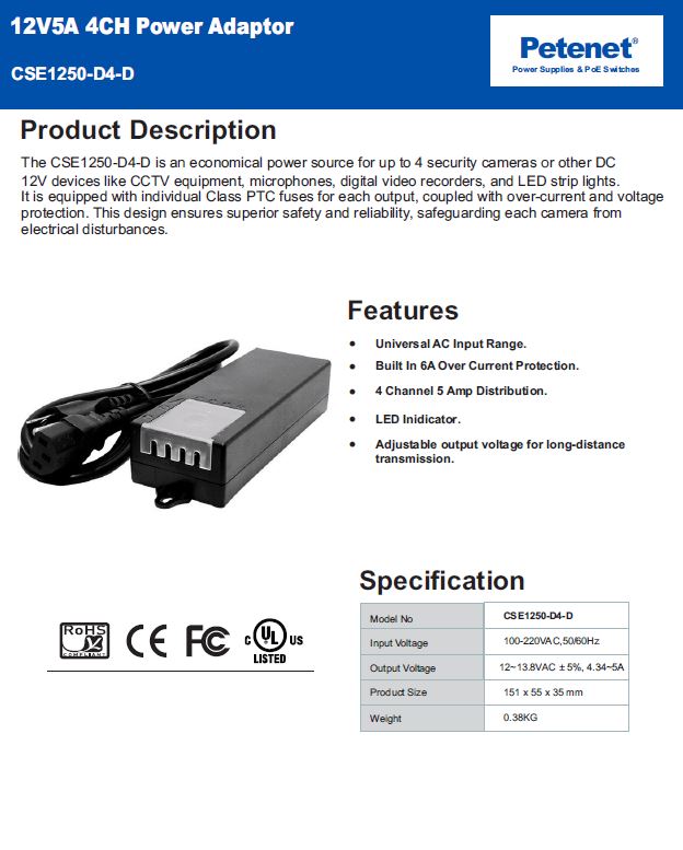 Petenet 4-Channel 12 VDC Plug-in Power Supply UL Approved 100V-240VAC Input to 12V-13.8VDC Output Good for CCTV Security Cameras Or Any Electronics Devices