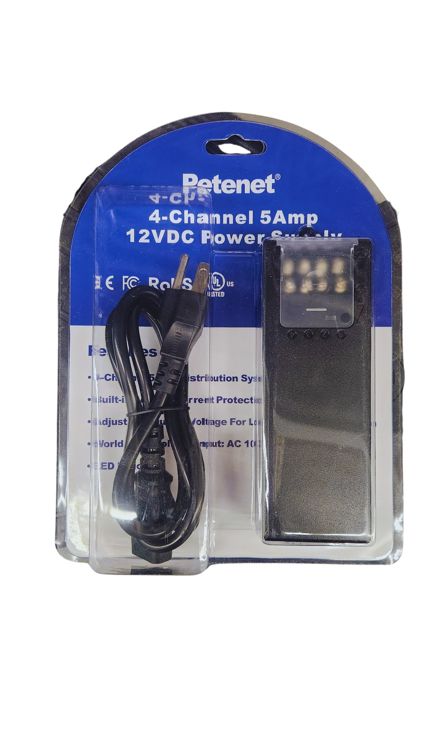 Petenet 4-Channel 12 VDC Plug-in Power Supply UL Approved 100V-240VAC Input to 12V-13.8VDC Output Good for CCTV Security Cameras Or Any Electronics Devices